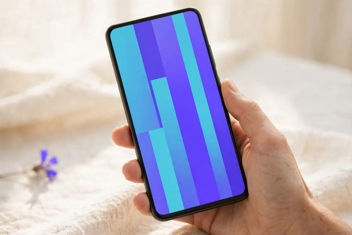 A hand holding a phone with coloured bars